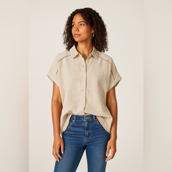 J.Jill Love Linen Beige Button Front Short Sleeve Oversized Shirt Size Large - Picture 1 of 10